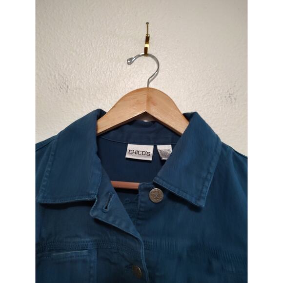 Chicos Size 2 Turquoise Blue Embroidered Long Sleeve Button Front Denim Jacket - Picture 8 of 12